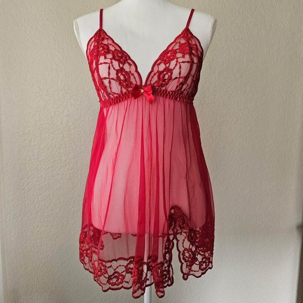 Frederick's of Hollywood Sheer Babydoll Lingerie Chemise W/ Lace Bust & Trim